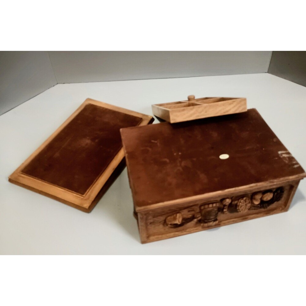 Vintag Faux Wooden Sewing Box  Resin  Carved Cottagecore 1950s With Tray * - Picture 3 of 8